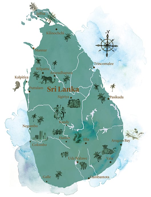 watercolour map of Sri Lanka