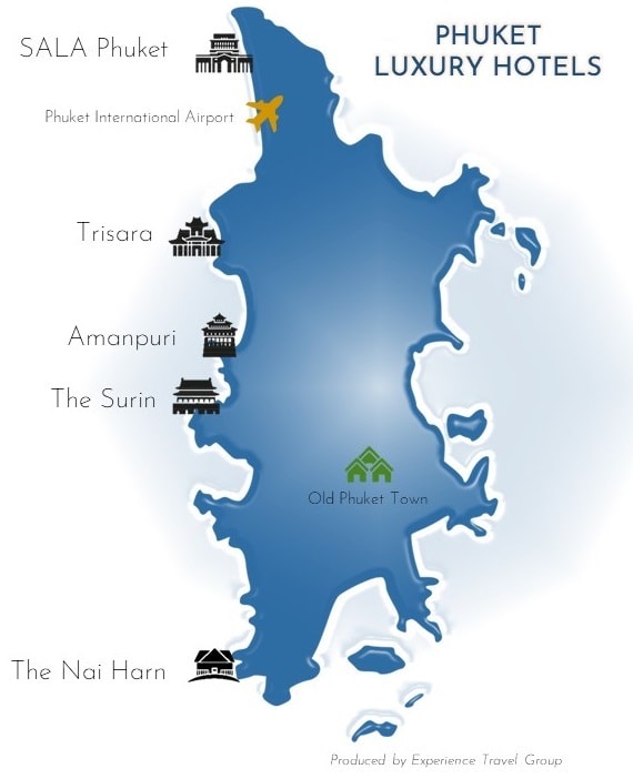 blue map of Phuket showing luxury hotel locations