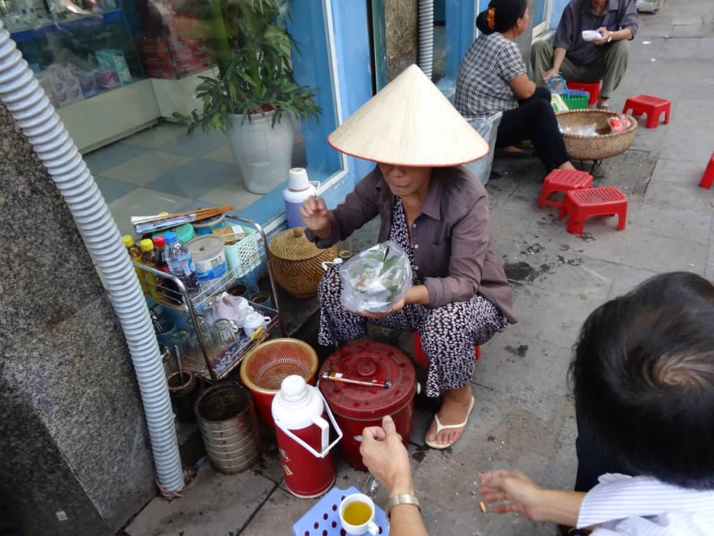 Pho (noodle soup) is eaten for breakfast, lunch and dinner and is available on almost every street.