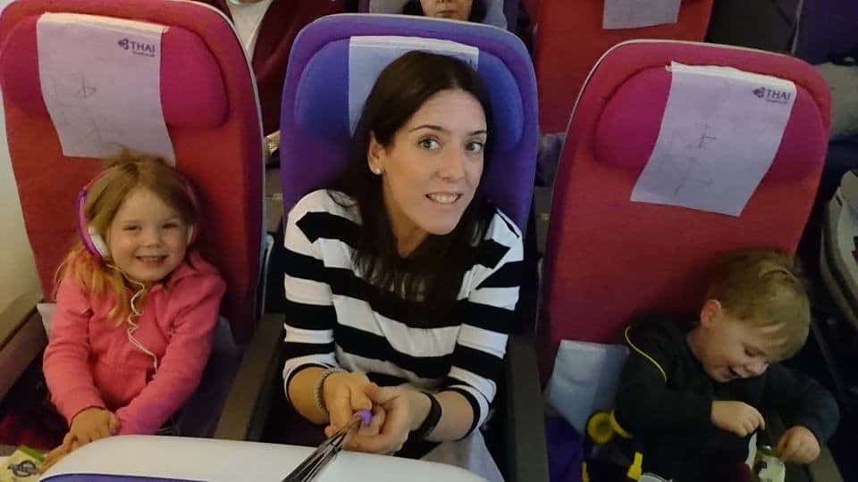 Product Director Melissa on a Thai Airways flight with her young children