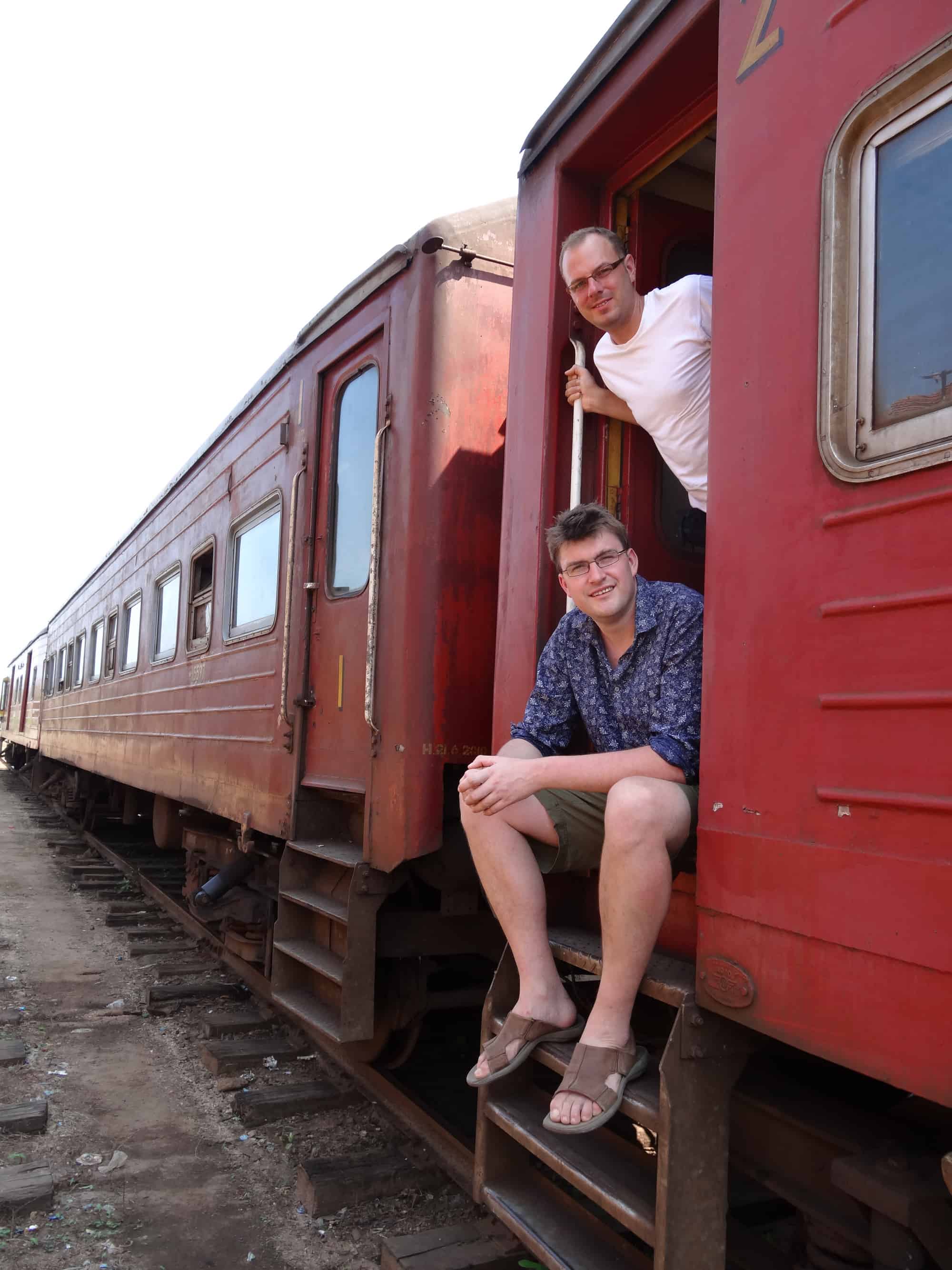 Experience Travel Group co-founders Sam Clark and Tom Armstrong in Sri Lanka on a train