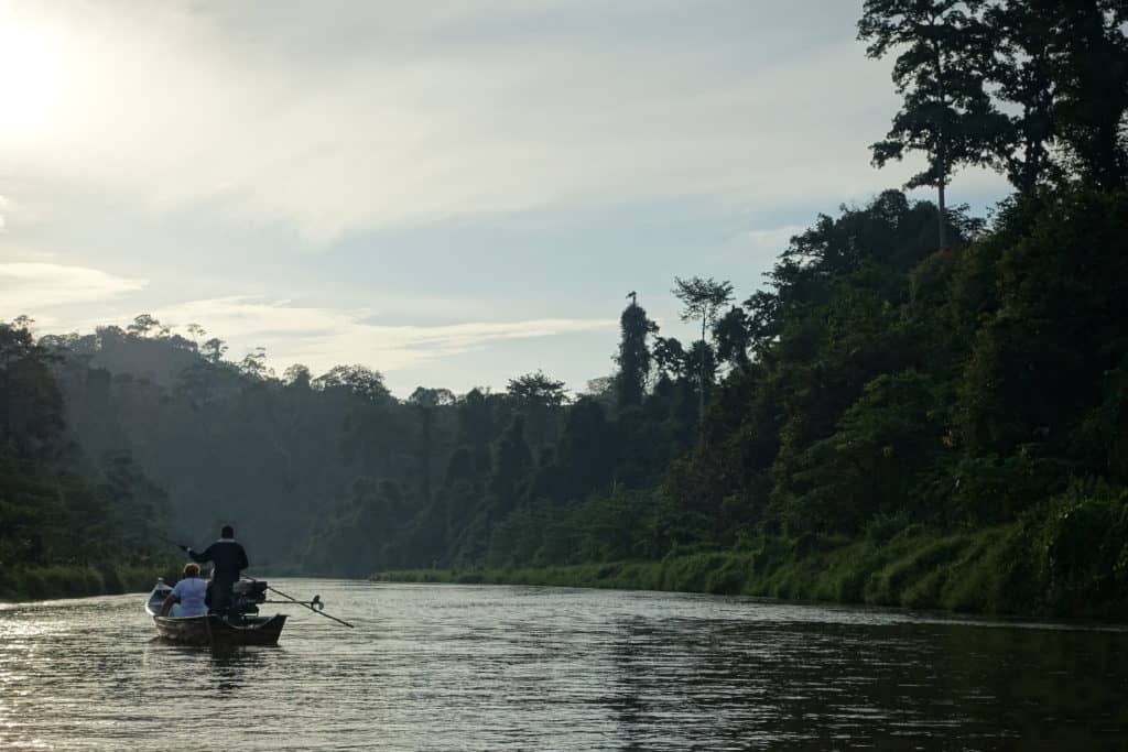 Boat travel on the muda river in Malaysia at sunset