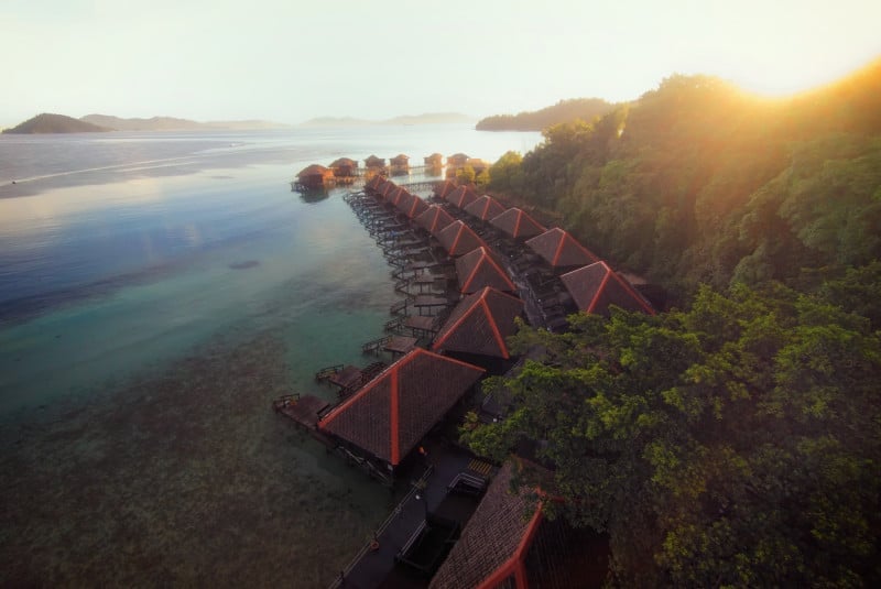 Aerial View of over water villas