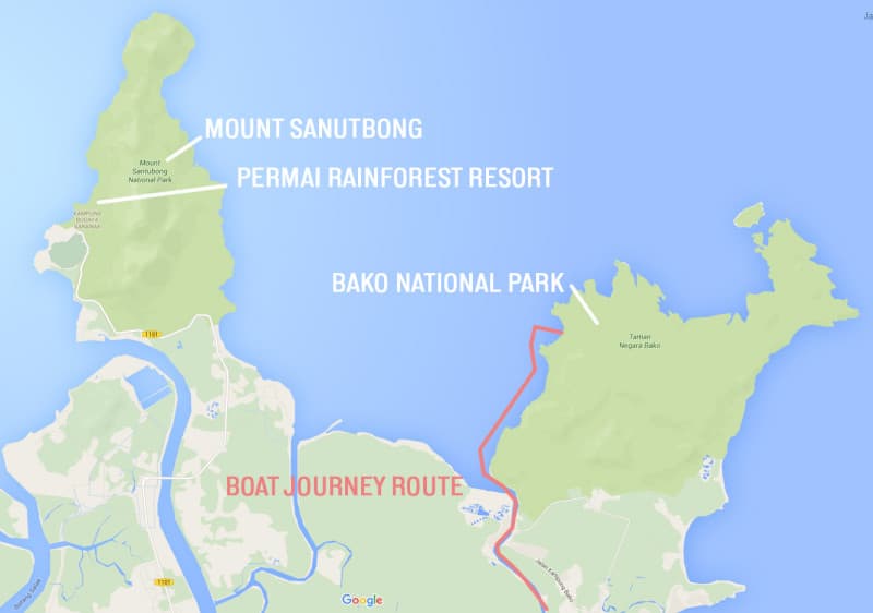 Map of the coast of Sarawak close to Kuching showing how you get to Bako National Park