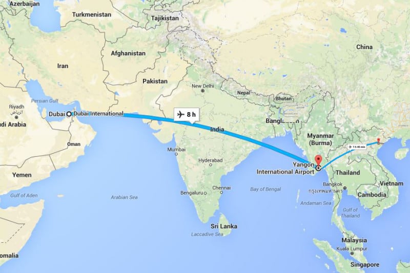 Google Maps screen shot showing flight route from Dubai to Yangon 