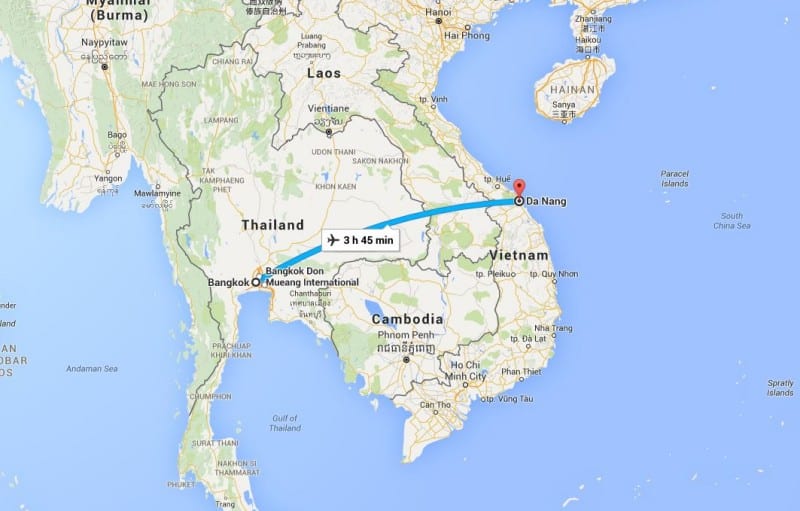 Google map screen shot showing flight route from Bangkok to DaNang