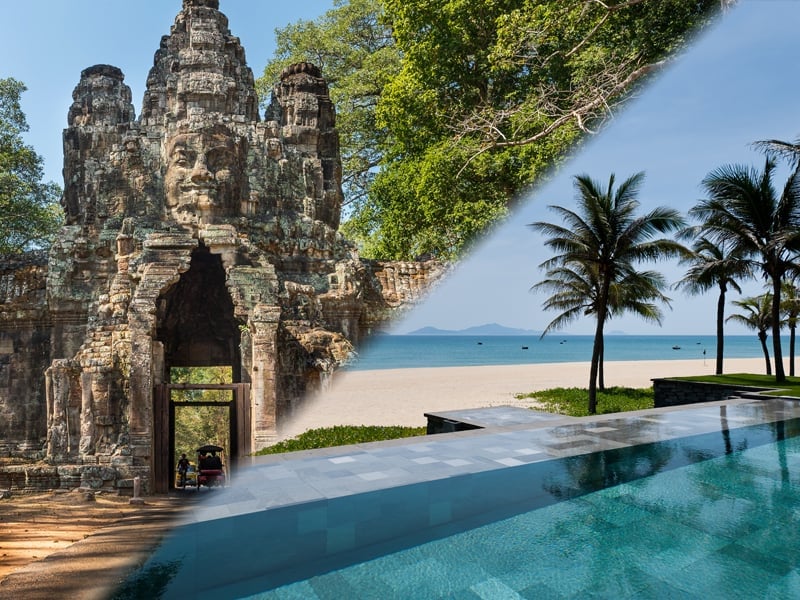 Panorama of ancient stone door and tree roots, Ta Prohm temple ruins, Angkor, Cambodia