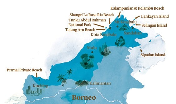 A watercolour map of the key beaches of Borneo