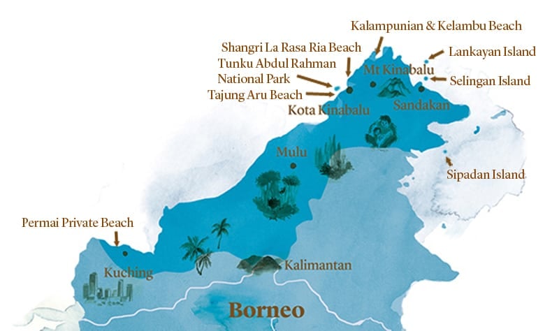 Map of Borneo with the best beaches