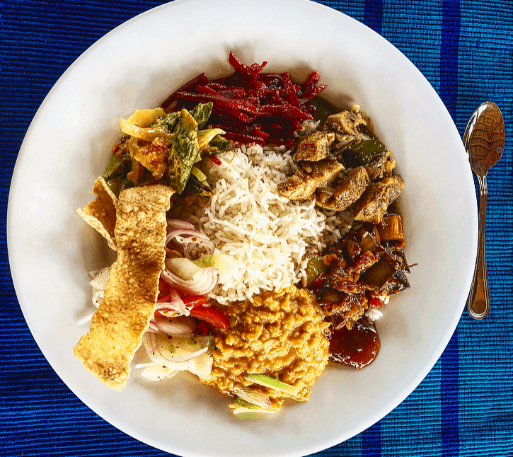 birds eye view of Rice and curry in a bowl