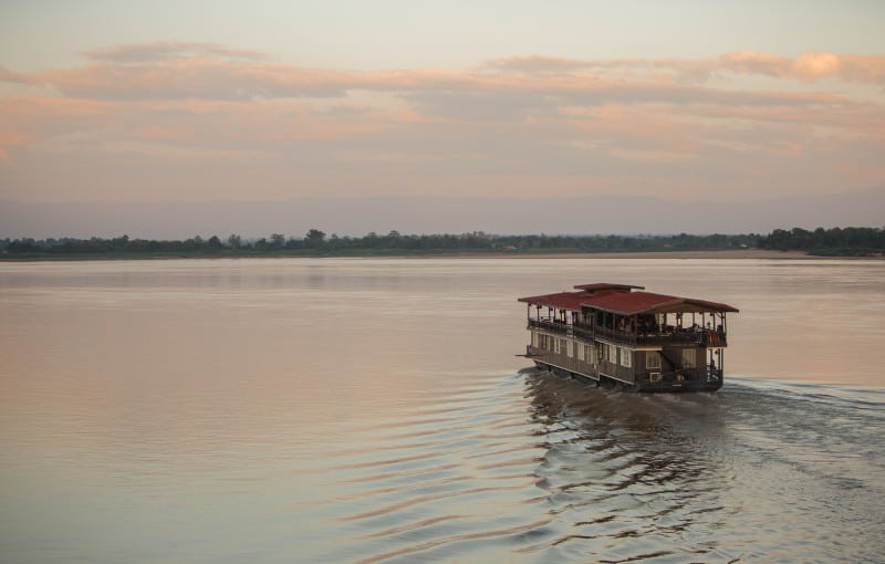 The Vat Phou boat, a floating hotel cruising on the Mekong River, Southern Laos