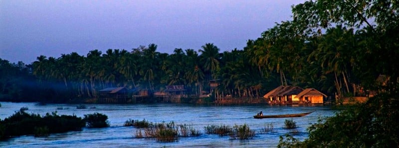 View of part of the 4000 island on the Mekong River in Laos bathed in dusk