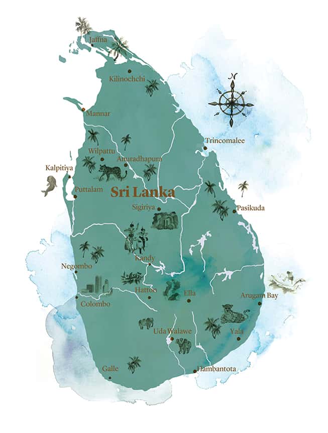 Watercolour map of Sri Lanka