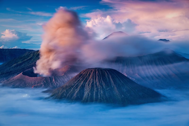 Bromo, Batok and Semeru volcanoes at sunrise, Java island, Indonesia