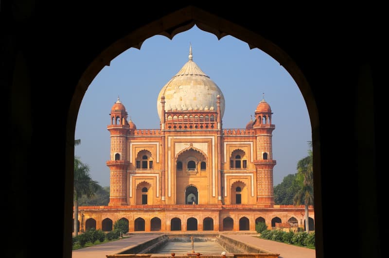 Tomb of Safdarjung seen from main gateway, New Delhi, India. It was built in 1754 in the late Mughal Empire style.