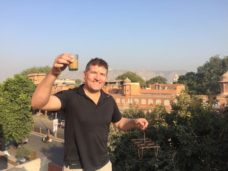 Robin enjpying a glass of chai in Jaipur