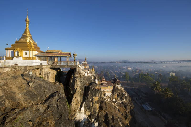 Taung Kwe Paya, an unusual buddhist temple erected on big rocks. It is the most famous temple of kaya state, Myanmar.