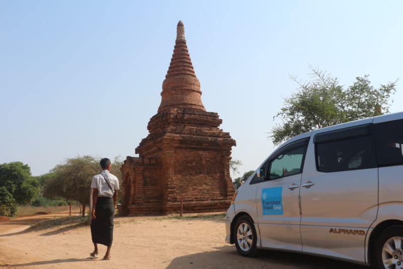 Guide close to the temples of Bagan with an Experience Travel group vehicle