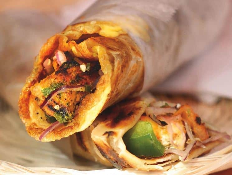 A close up picture of a Kati Roll, common across Northern India originally from Bengal