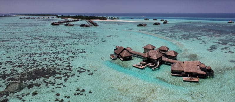 Birds eye view of Gili Lankanfushi with clear waters