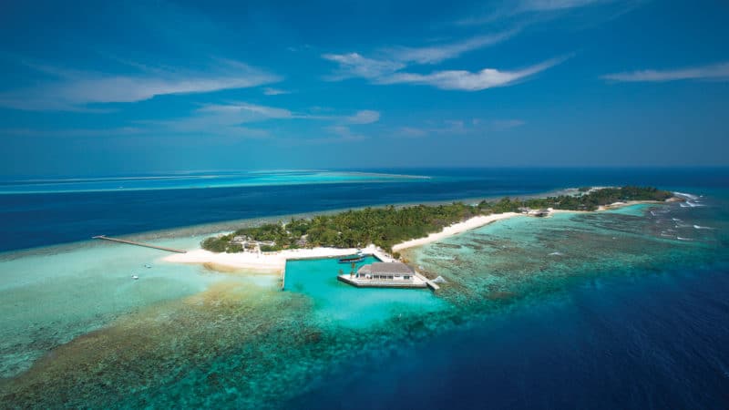 Aerial view of OBLU by Atmosphere resort in the Maldives