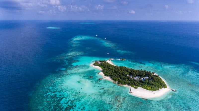 Birds eye view of Makunudu private island resort in the Maldives