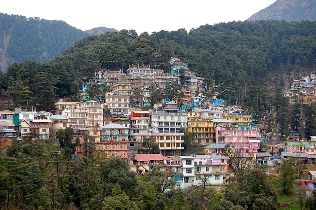 Colourful buildings built into the steep hillside of Dalhousie in Himachal Pradesh