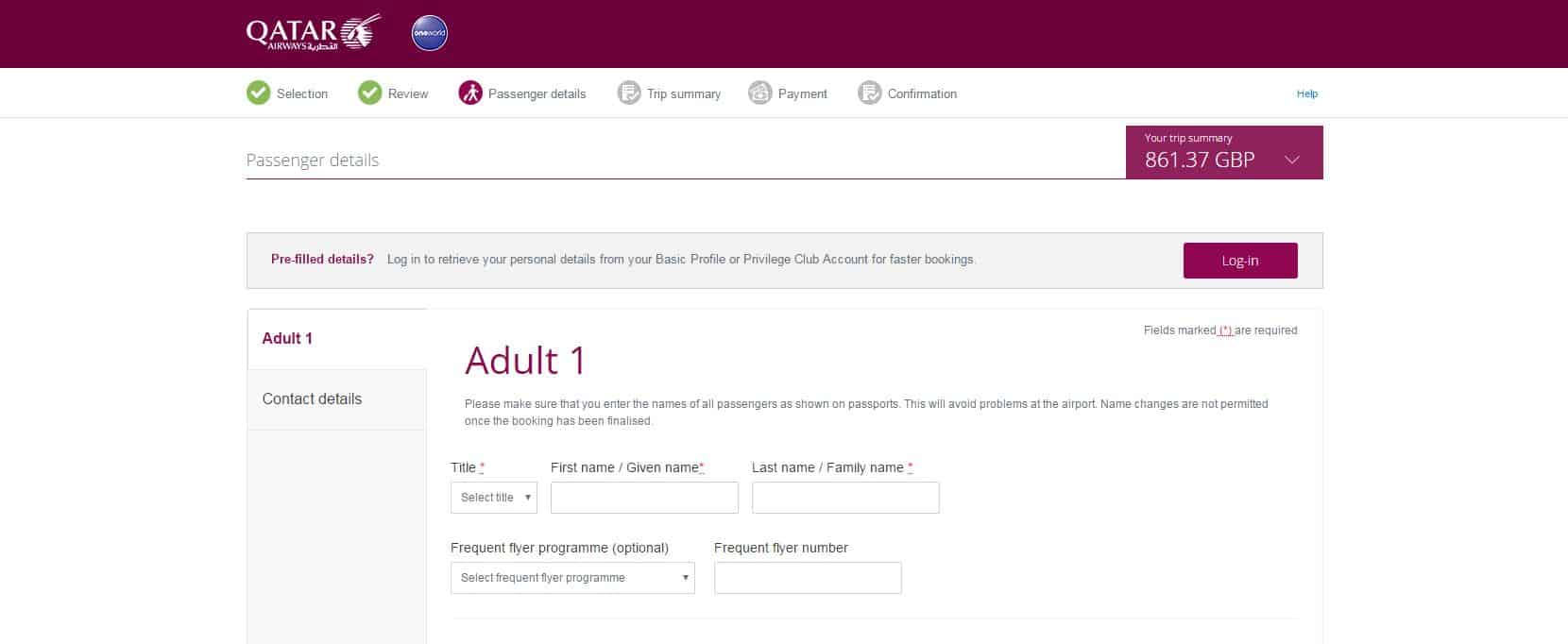 screen shot of Qatar airways passenger portal with personal details fields to be entered