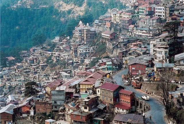 The steep hillside setting of famous Shimla with its winding roads