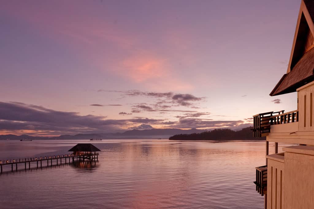 The jetty of Gaya Island Resort at sunset