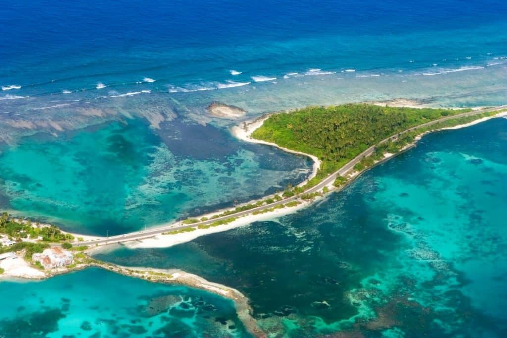 Birds eye view of Gan Island at the southern tip of the Maldives