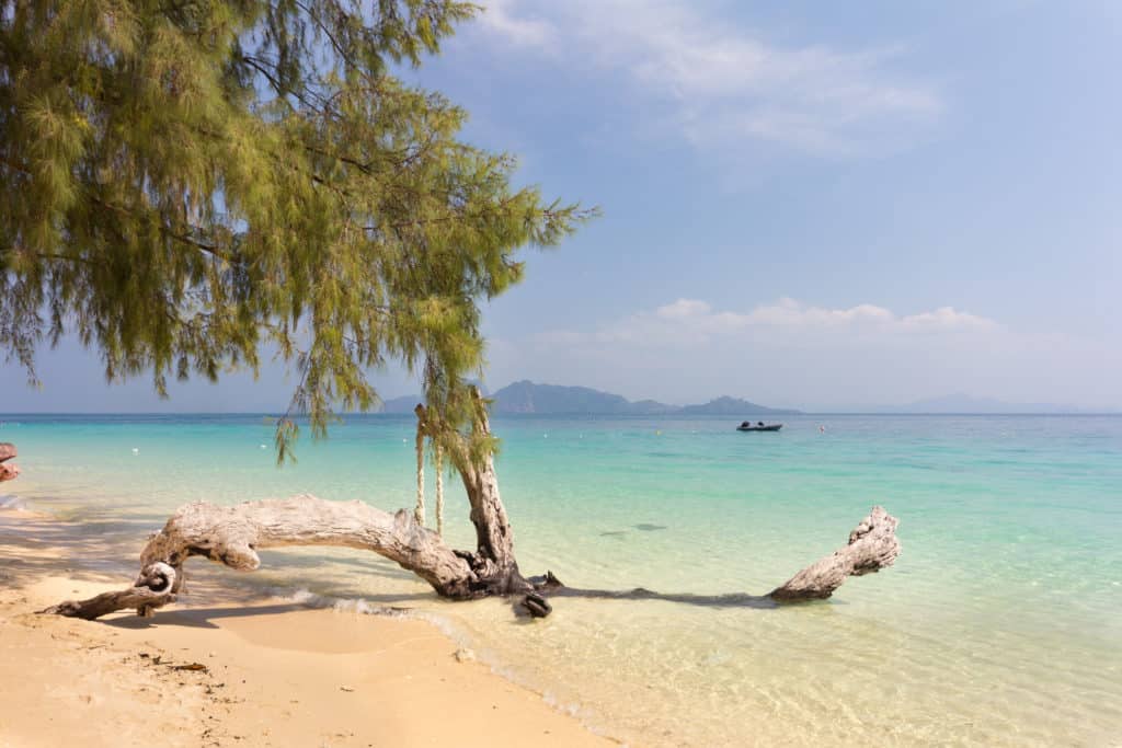 Tropical beach on Koh Kradan looking back onto the mainland of Thailand