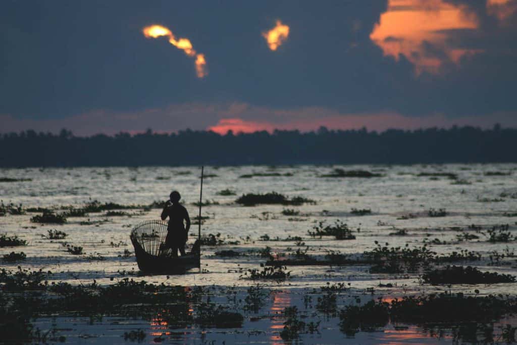 Sunset on lake vembanad in the central keralan backwaters with fisherman in the foreground 