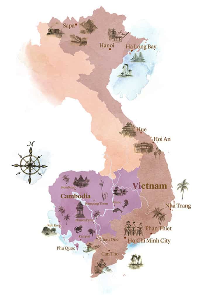 Watercolour map of Vietnam and Cambodia with small illustrations of key places 