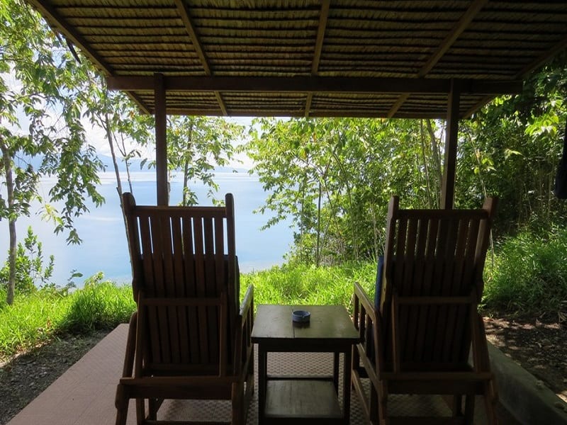 A private seating area at Weda Dive Resort in Halmahera looking onto the Halmahera Sea