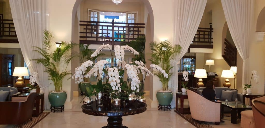 the reception area of Raffles Le Royal in Phnom Penh 