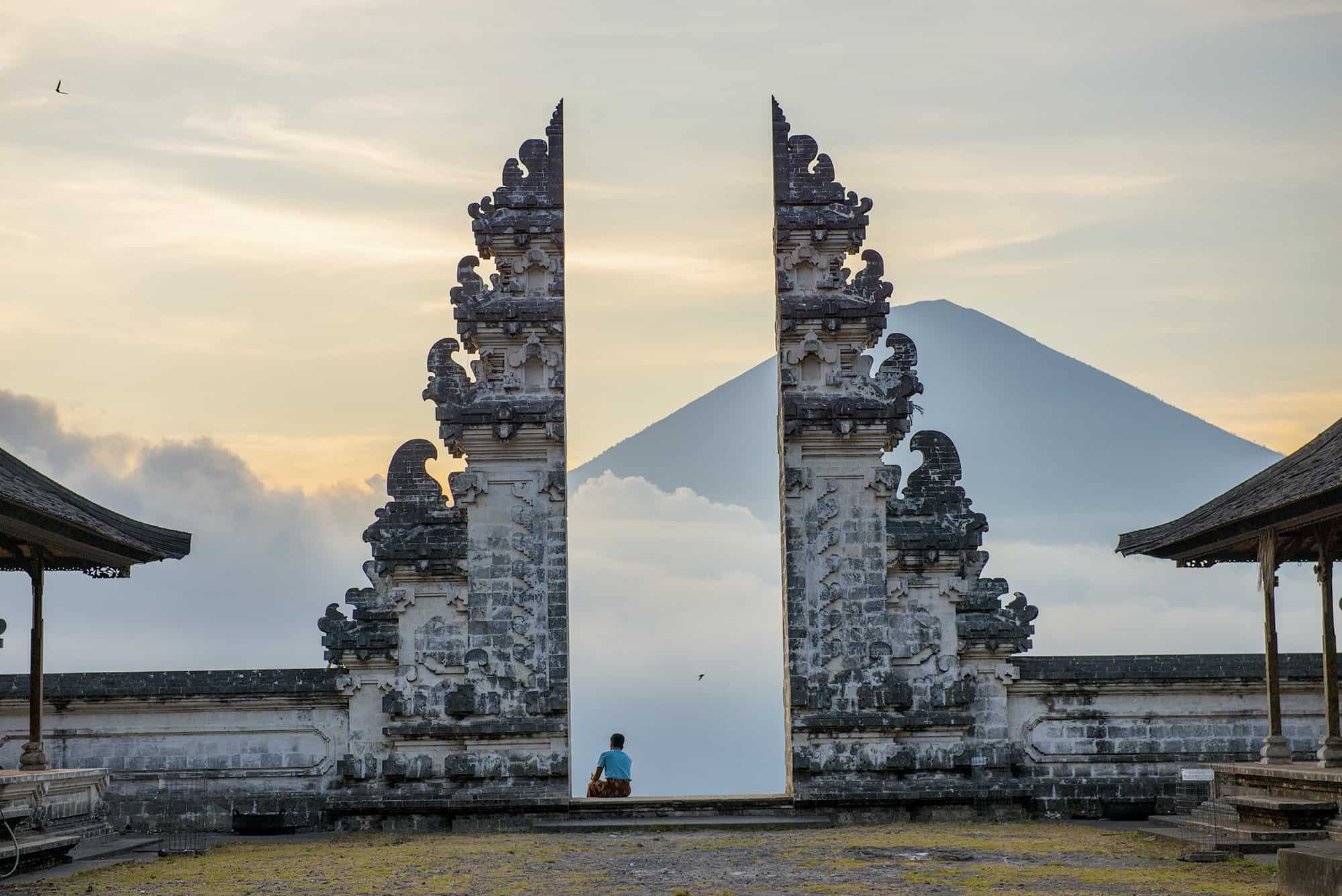 Pura Lempuyang Temple with volcano in Bali