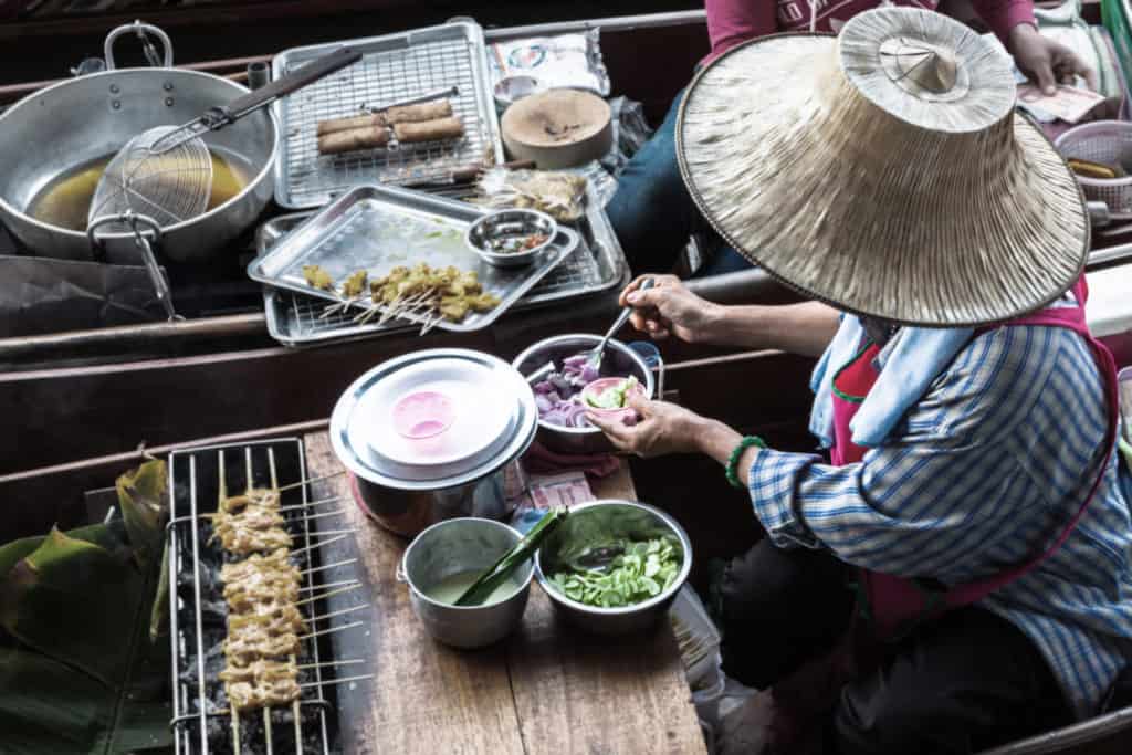 Food in Damnoen Saduak Floating Market near Bangkok, Thailand