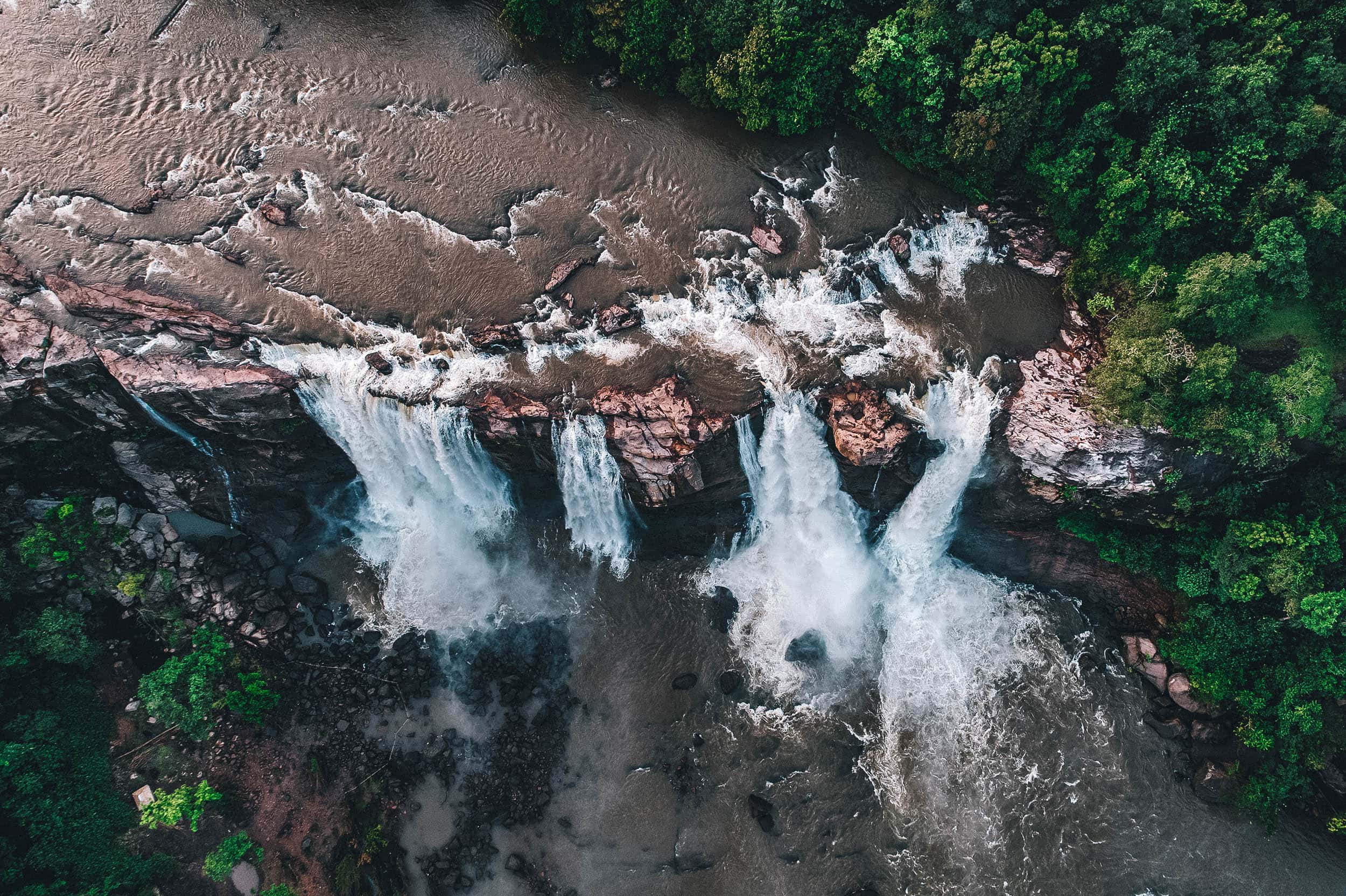 Aerial view of Athirappilly Falls in Southern India