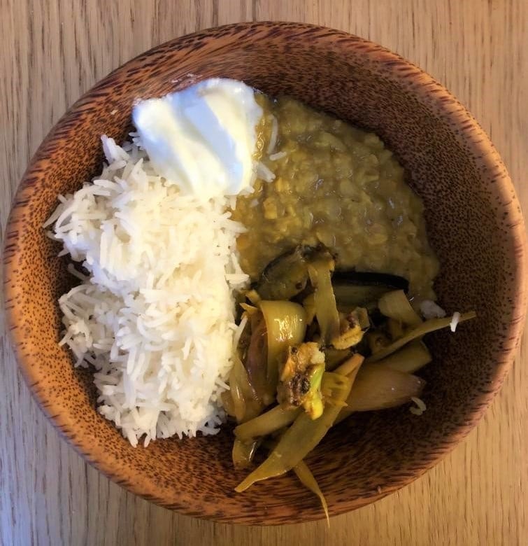 Local food Sri Lankan Coconut Dal with Aubergine Pickle