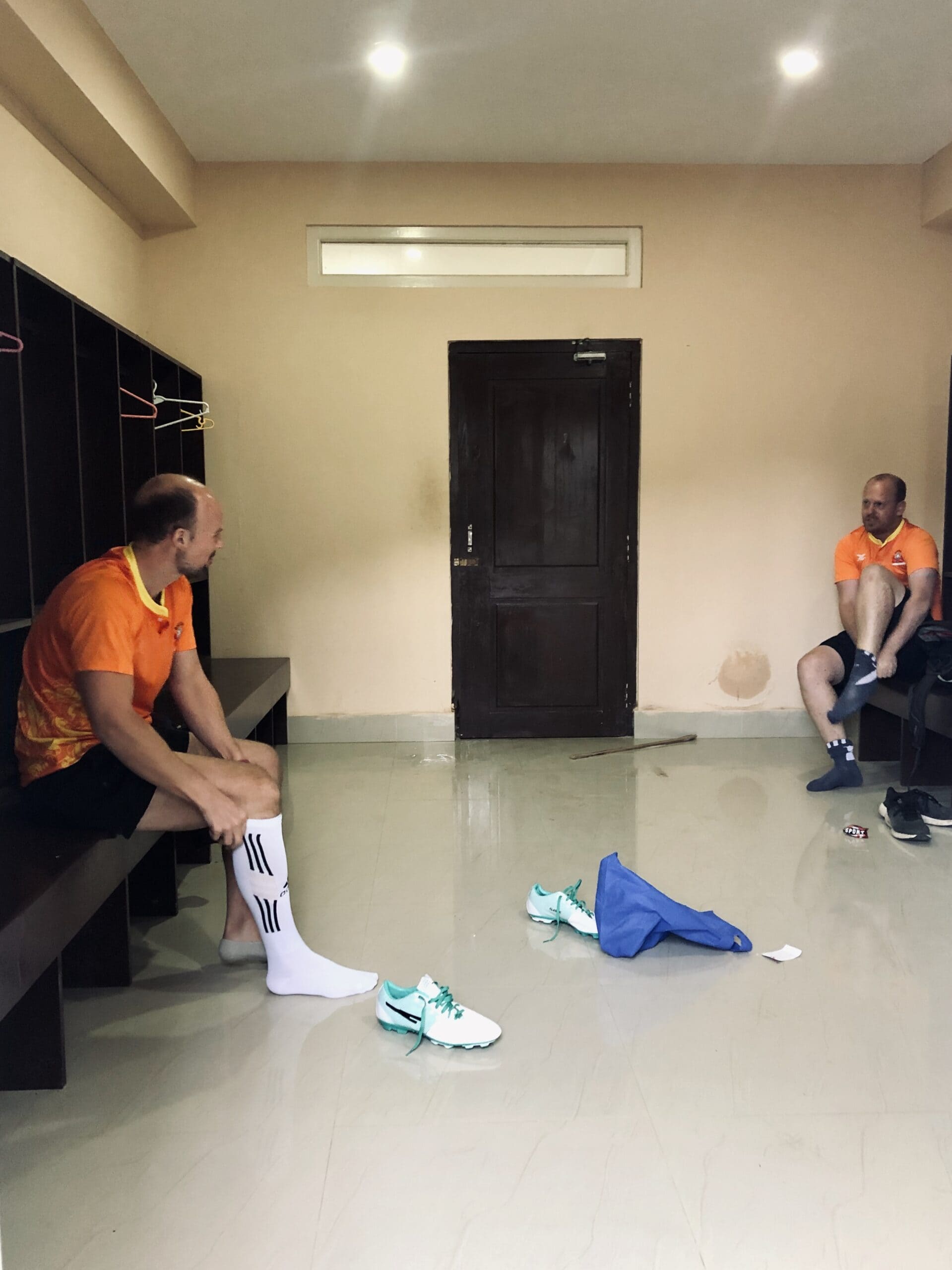 Matt and James getting ready for the football match in Bhutan