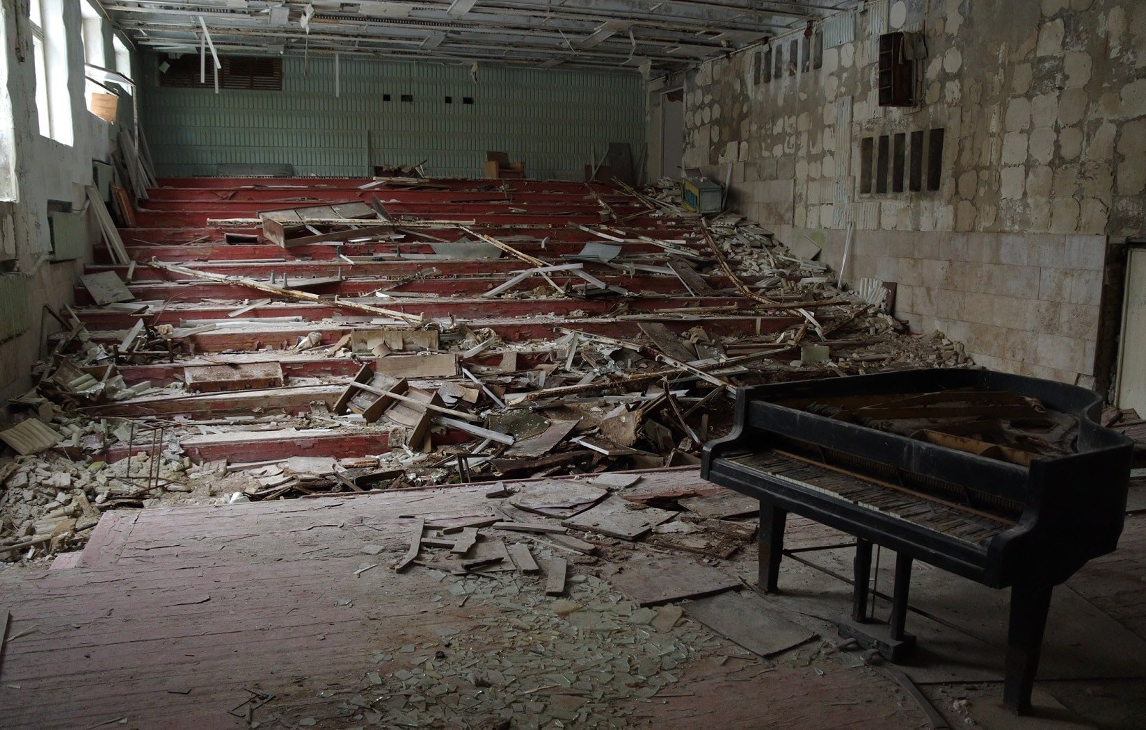 Inside the derelict Pripyat music school in Chernobyl