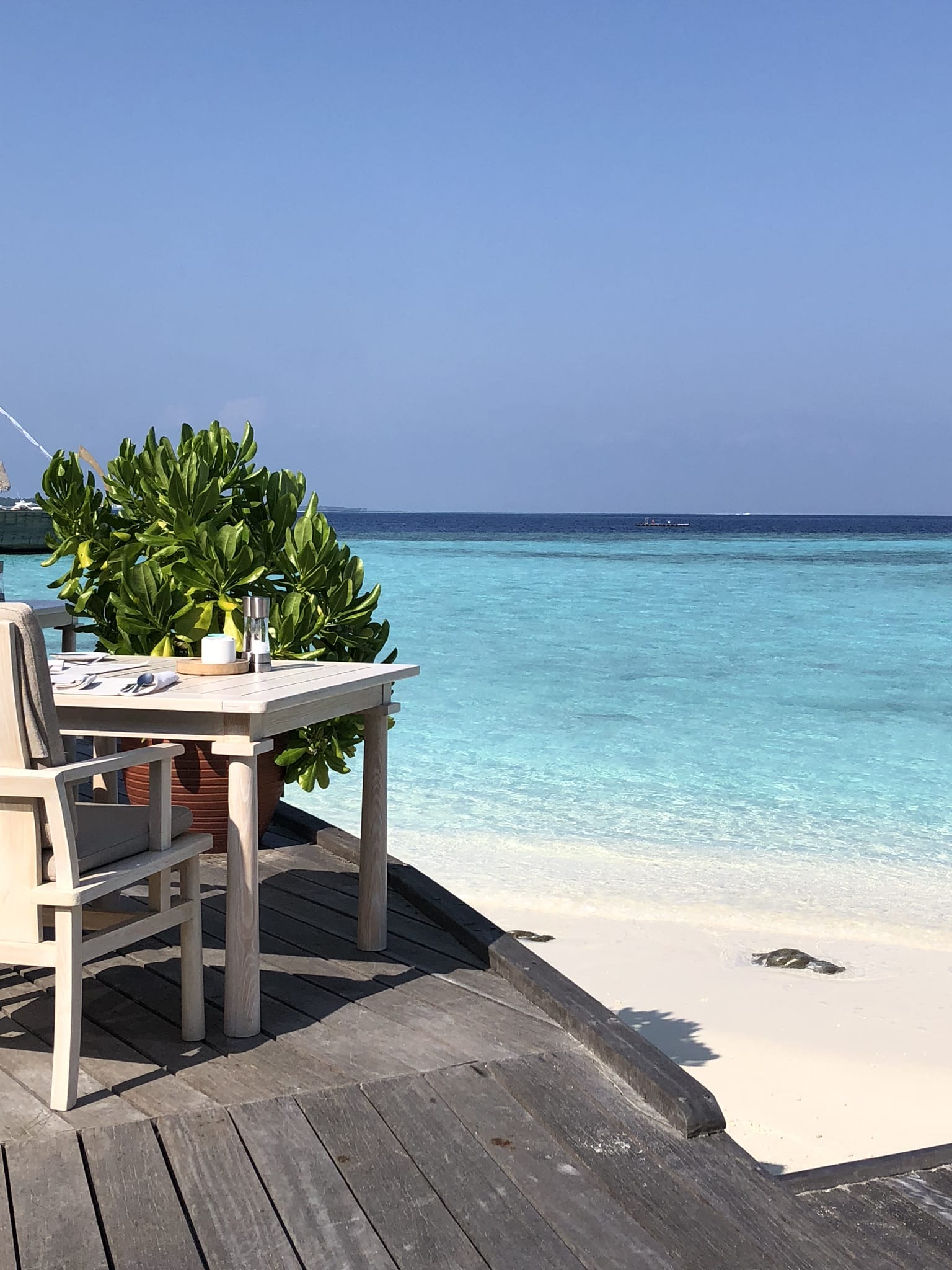Dining view of the beach and sea at a Maldives resort
