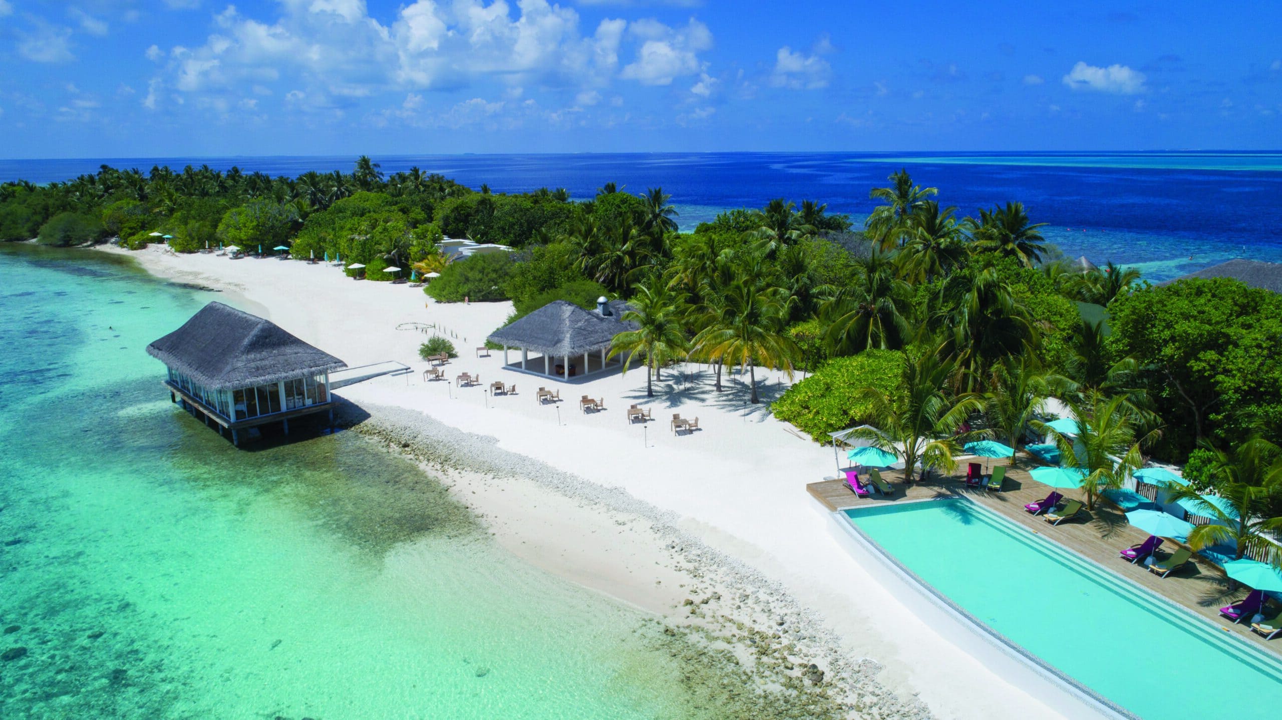 Aerial view of OBLU by Atmosphere resort in the Maldives
