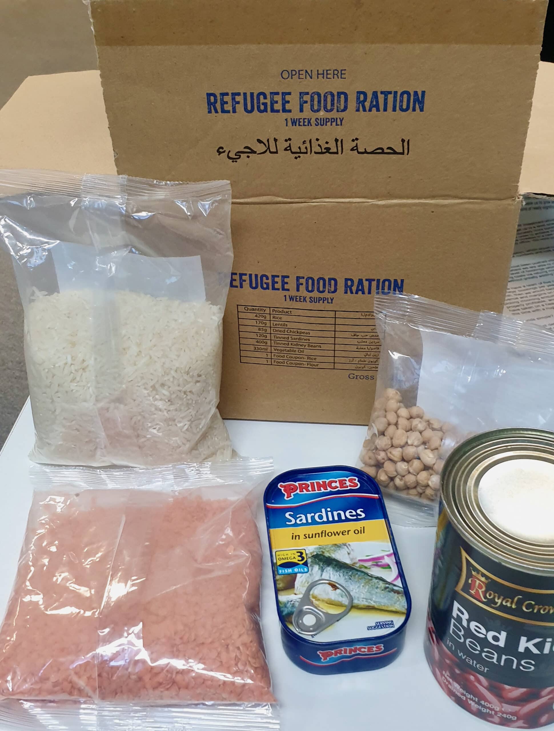 Food ration box provided for the Concern Worldwide Ration challenge in aid of refugees