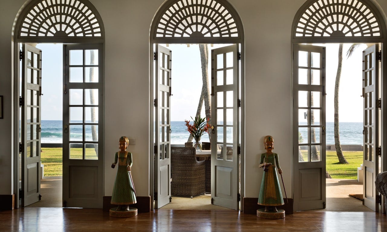 View through windows to the beach in Tanamera Villa, Galle, Sri Lanka