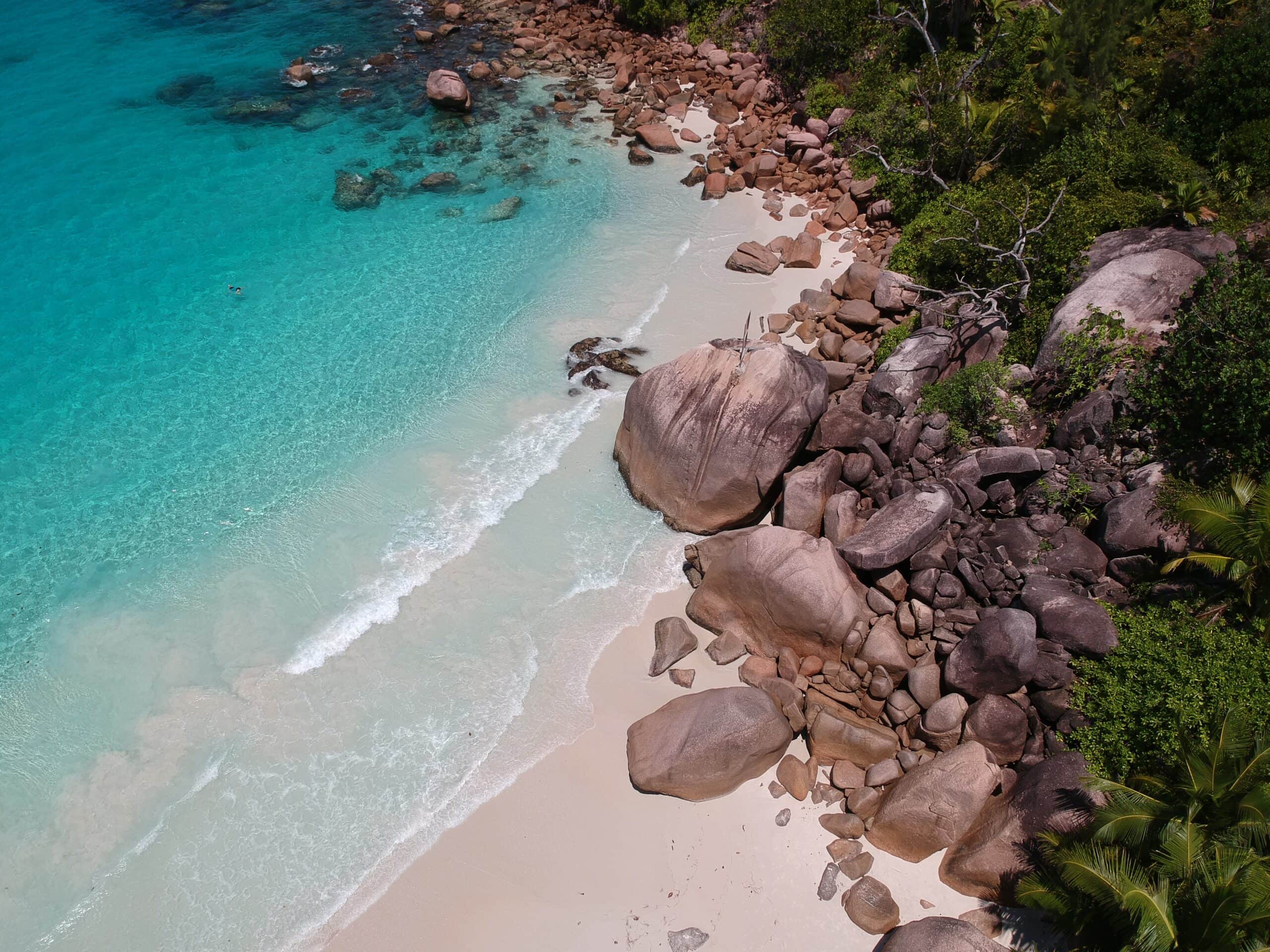 Aerial view of beach in the Seychelles