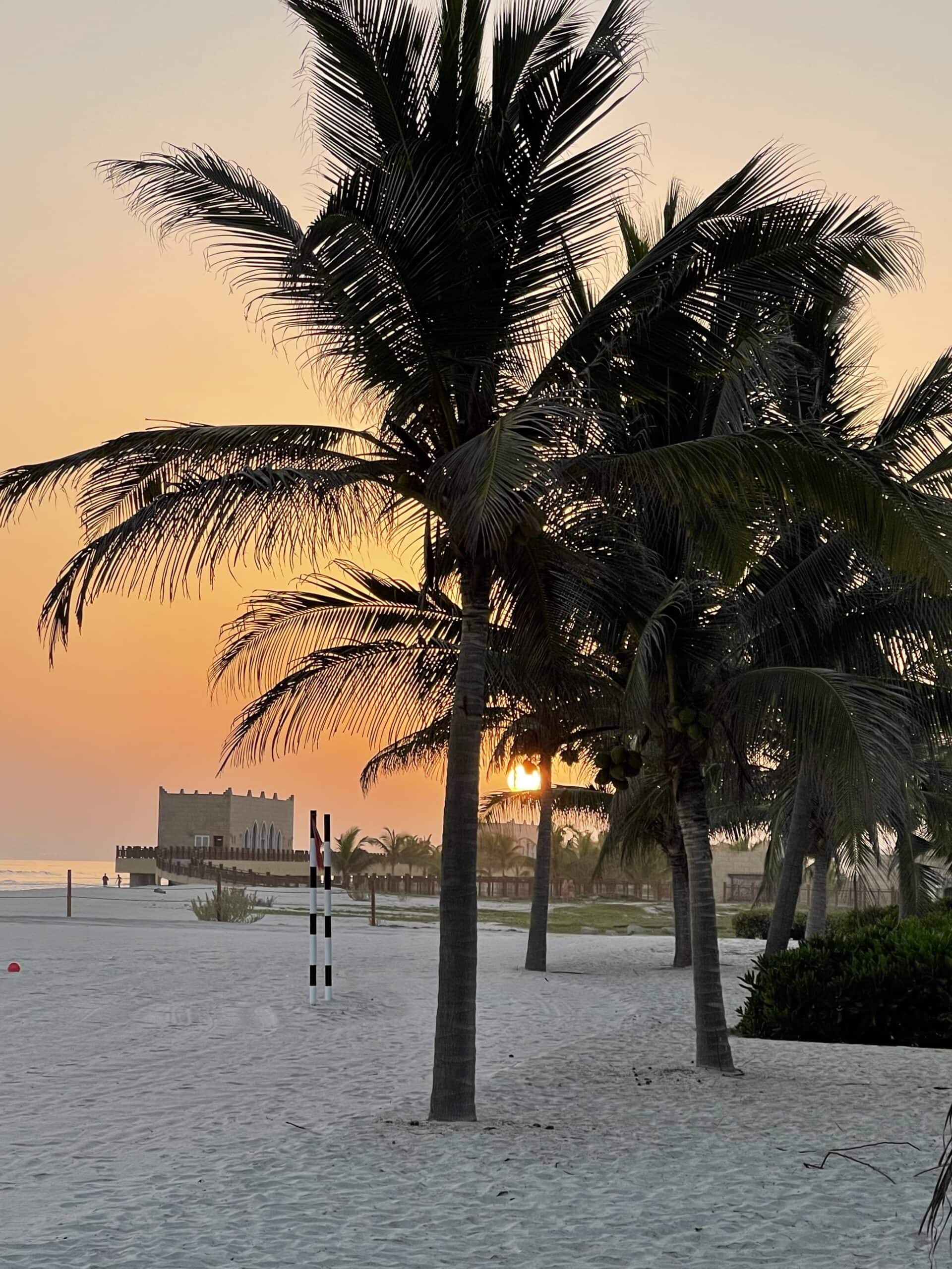 White sand beach at Anantara Salalah as the sunsets behind palm trees