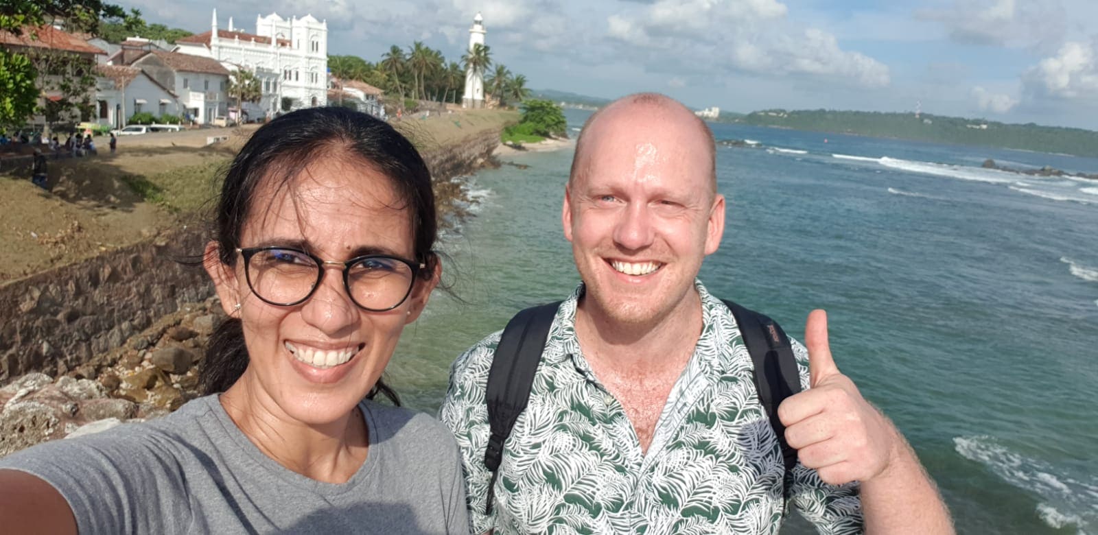 A selfie of a Sri Lanka friend with UK travellers on the ramparts of galle fort