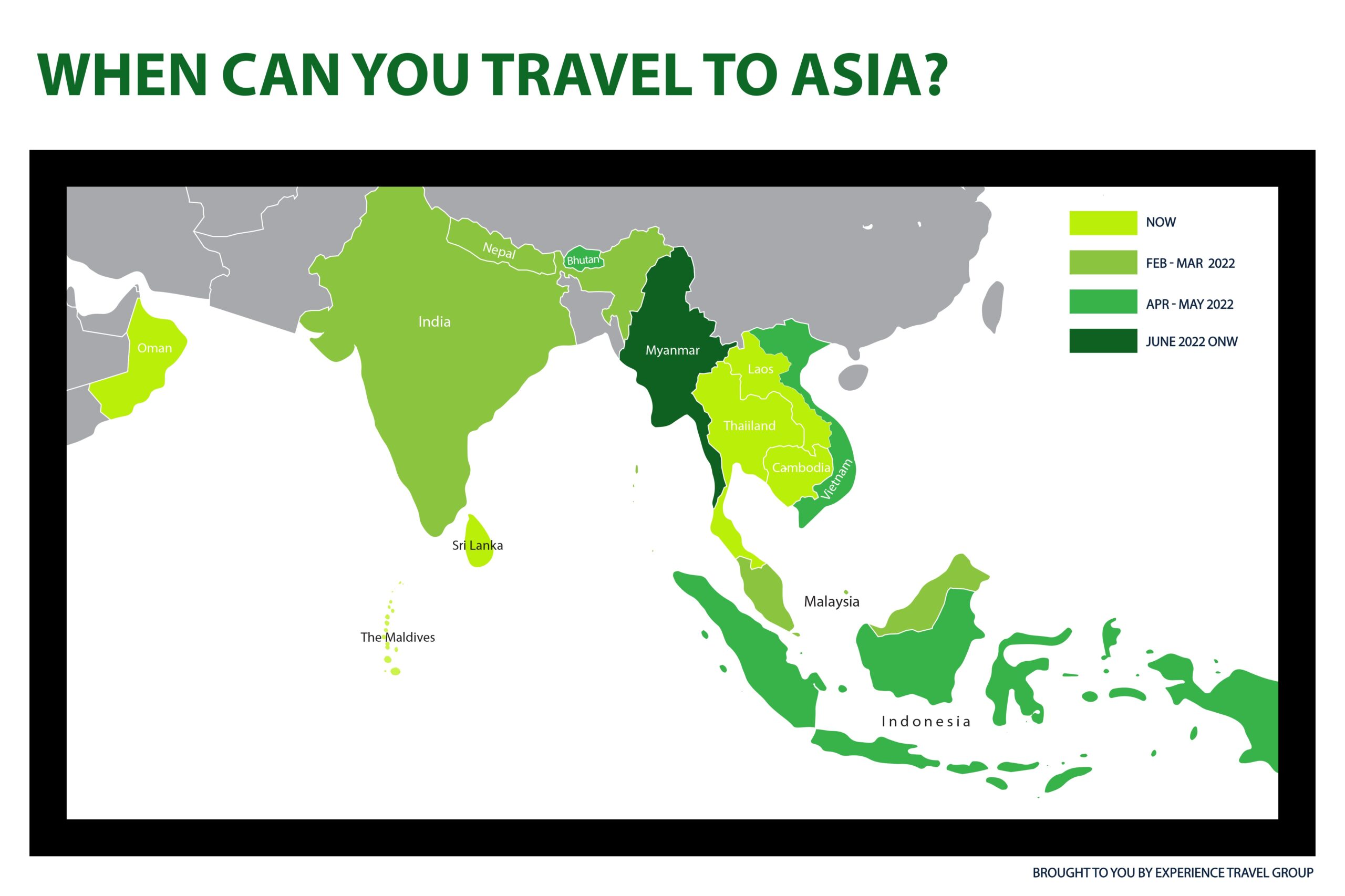 Map showing where and when you can travel to places in South East Asia